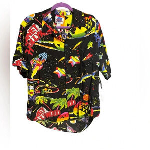 Vintage 90's Planet Hollywood Hawaiian Shirt large space neon